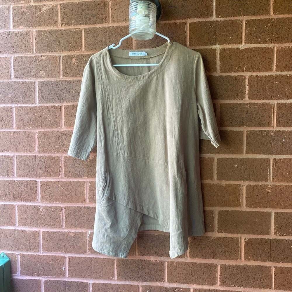 MISSLOOK Women's Asymmetrical Hem Cotton Linen Crewneck Tunic Top